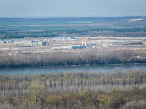 The view of the construction and erection base from across the river. Photo: Paks II. Ltd.